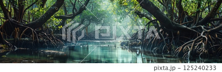 A lush green forest with a river running through it 125240233