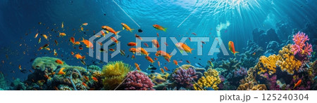 A colorful coral reef with a variety of fish swimming around 125240304