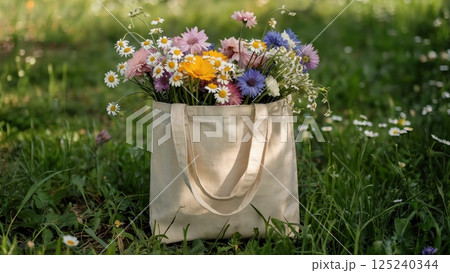 A beige tote bag filled with vibrant fresh flowers, resting on the grass in a natural outdoor setting. Concept of eco-friendly lifestyle and nature's beauty 125240344