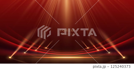 Scene elegant red curved ray with gold lighting effect sparkle on dark red background. 125240373