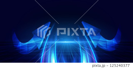 Abstract technology futuristic glowing arrow neon blue light ray on dark blue background. Abstract technology futuristic glowing arrow neon blue light ray on dark blue background. 125240377
