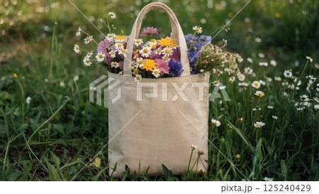A beige tote bag filled with a colorful assortment of fresh flowers, placed on the grass in a natural, serene outdoor setting. Concept of eco-friendly lifestyle and the beauty of nature 125240429