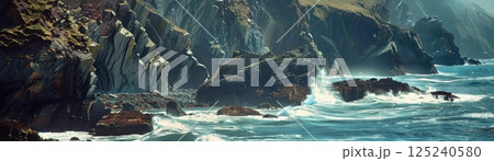 A large wave crashing into a rocky shoreline 125240580