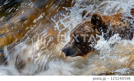 Grizzly Bear Fishing in Raging River Rapids 125240596