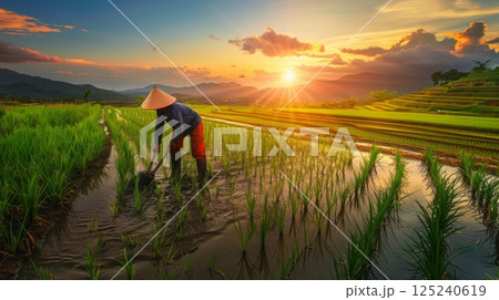 Farmer Working in Rice Fields at Sunset 125240619