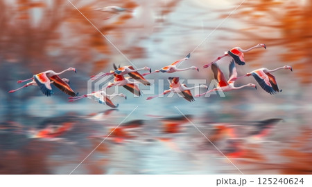 Flock of Flamingos Taking Flight Over Water 125240624