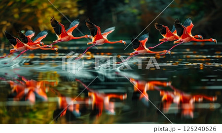 Flock of Flamingos Taking Flight Over Water Flock of Flamingos Taking Flight Over Water 125240626