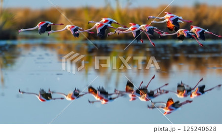 Flock of Flamingos Taking Flight Over Water 125240628