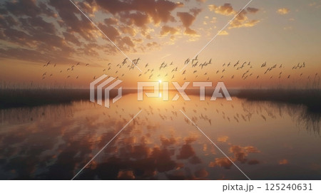 Birds Flying Over Calm Lake at Sunset 125240631