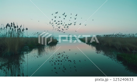 Birds Flocking Over Tranquil Wetlands at Dusk 125240633