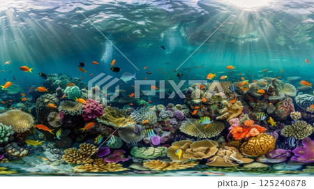 A beautiful underwater scene with a variety of fish and coral 125240878