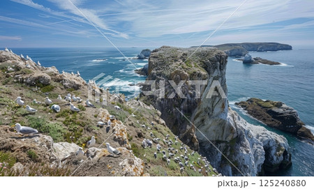 A rocky cliff overlooking the ocean with a flock of seagulls on the rocks 125240880