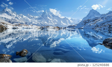 A beautiful mountain lake with a blue sky in the background 125240886