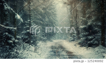 A snowy forest with a path through it 125240892
