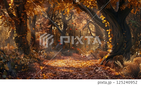 A forest with trees and leaves on the ground 125240952