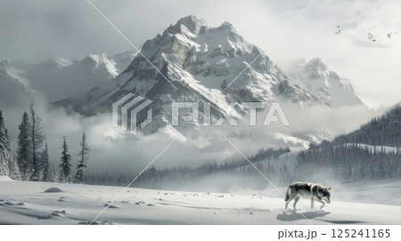 A wolf is walking through a snowy field with mountains in the background A wolf is walking through a snowy field with mountains in the background 125241165