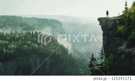 A person stands on a cliff overlooking a forest A person stands on a cliff overlooking a forest 125241171
