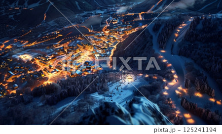 A snowy mountain town at night with lights on.のイラスト素材 [125241194] - PIXTA