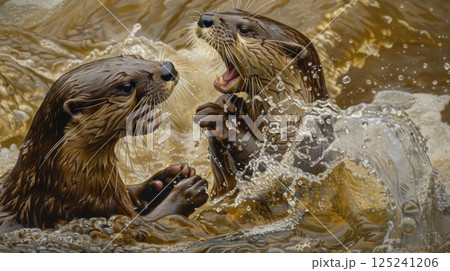 Two otters are playing in the water, one of them is biting the other 125241206