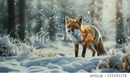 A fox is standing in the snow in a forest A fox is standing in the snow in a forest 125241216