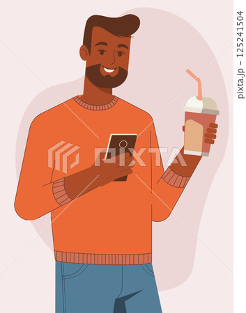 Dark skinned man with coffee cup and smartphone 125241504