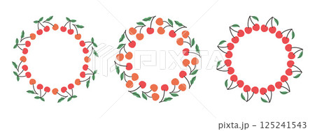 Fruit frame set. Cherry design template, copy space. Cute hand drawn fruits round frame in doodle style. Circular template. Hand drawn fruits circle border. 125241543