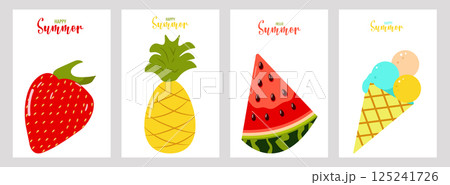 Hello summer color postcard design template layout. Strawberry watermelon pineapple ice cream. Vector illustration. 125241726