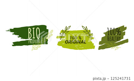 Healthy food labels badges logos Eco stickers. For farmer market eco food vegetarian menu food package. Ecology friendly design. Organic Food, Vegan, Farm Fresh, Natural Product. Vector illustration. 125241731