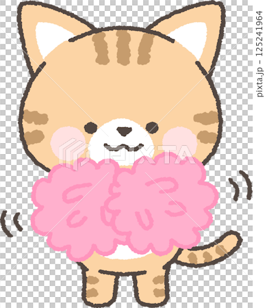Brown tabby cat cheering with pom-poms Brown tabby cat cheering with pom-poms 125241964