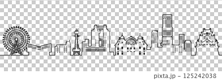 Illustration of a Japanese cityscape with skyscrapers and a castle, Osaka (monochrome line drawing) Illustration of a Japanese cityscape with skyscrapers and a castle, Osaka (monochrome line drawing) 125242038