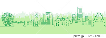 高層ビルと城のある日本の街並みのイラスト、大阪（線画） 125242039