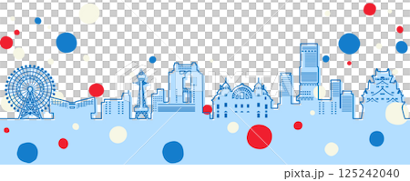 ポップでかわいい日本の街並みのイラスト、大阪(線画) ポップでかわいい日本の街並みのイラスト、大阪(線画) 125242040