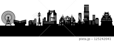 高層ビルと城のある日本の街並みのシルエット、大阪（モノクロ） 125242041