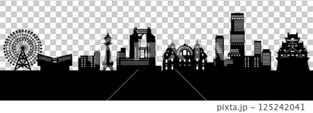 高層ビルと城のある日本の街並みのシルエット、大阪（モノクロ） 125242041