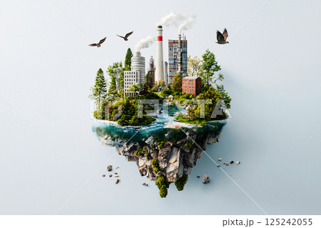 Illustration of nature merging with industry, representing circular economy and sustainable growth Illustration of nature merging with industry, representing circular economy and sustainable growth 125242055