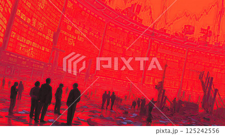 chaotic financial scene with traders in red lit stock market crash environment 125242556