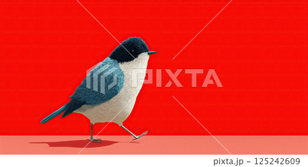 stylized blue and white bird walking confidently on red background 125242609
