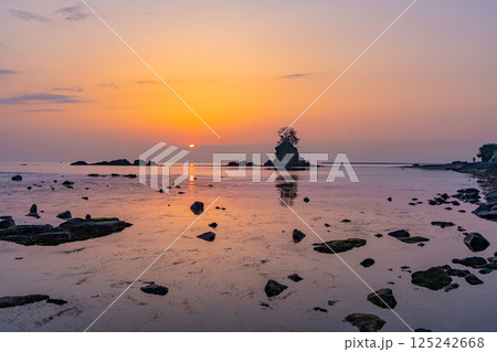 （富山県）雨晴海岸・女岩　立山連峰から日の出 125242668