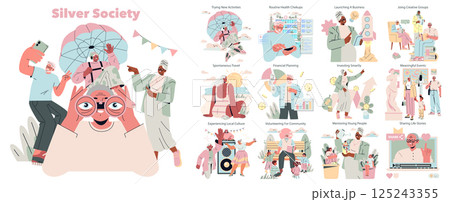 Silver Society set. Older adults enjoy active lifestyles and new experiences, engaging in adventures, creative pursuits, business, cultural events, travel, volunteering and mentoring. Vector Silver Society set. Older adults enjoy active lifestyles and new experiences, engaging in adventures, creative pursuits, business, cultural events, travel, volunteering and mentoring. Vector 125243355