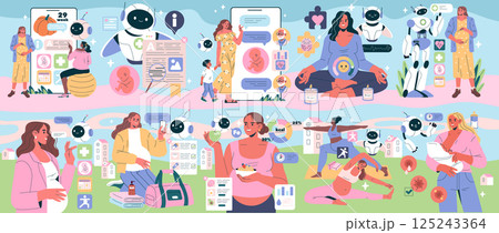 AI Pregnancy Counselor illustration showcases the intersection of technology and maternal health. It highlights various aspects of pregnancy support, wellness, and family interaction through AI AI Pregnancy Counselor illustration showcases the intersection of technology and maternal health. It highlights various aspects of pregnancy support, wellness, and family interaction through AI 125243364