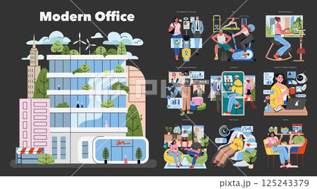 Modern office illustration that combines innovative design with multifunctional spaces promoting productivity and wellbeing. Highlights green architecture, smart technology, and diverse work 125243379