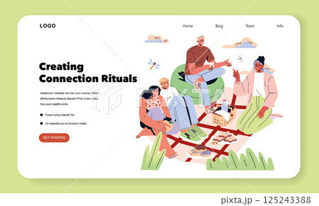 Tomorrow Work concept. Friends gather outdoors on a picnic blanket, sharing food and drinks on a sunny day. Group interacts and connects in a relaxed park setting. Vector illustration. Tomorrow Work concept. Friends gather outdoors on a picnic blanket, sharing food and drinks on a sunny day. Group interacts and connects in a relaxed park setting. Vector illustration. 125243388