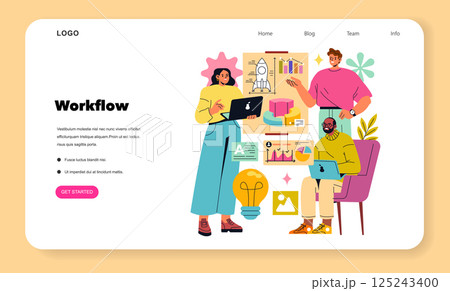 Workflow illustration showing a diverse team collaborating on projects. Engaging in discussions, utilizing technology, and analyzing data through graphs and charts. Emphasizing teamwork and 125243400