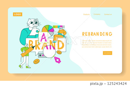 Business Cat illustration showcases a creative rebranding process. Artists and a cat character collaborate on a playful project, symbolizing innovation and teamwork in branding strategy. Vector 125243424