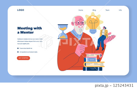 Mentorship meeting illustrating the concept of guidance and knowledge transfer. The image depicts a mentor with an hourglass and a bright idea, engaging with a mentee. It represents growth and Mentorship meeting illustrating the concept of guidance and knowledge transfer. The image depicts a mentor with an hourglass and a bright idea, engaging with a mentee. It represents growth and 125243431