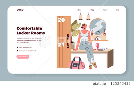 Locker room environment designed for comfort and relaxation. Features include modern lockers, a mirror, and spa items, providing a welcoming space for post-workout routines. Vector illustration. 125243435