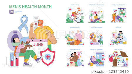 Men health month set. June awareness for physical and mental well-being, preventive screenings, fatherhood, nutrition, healthy aging, check-up, sleep, recovery and heart health. Vector illustration. 125243450