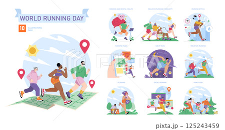 World Running Day set. Community celebration of running for all ages and backgrounds. Mental health benefits, group runs, technology integration, night and mountain routes, music, plogging, family World Running Day set. Community celebration of running for all ages and backgrounds. Mental health benefits, group runs, technology integration, night and mountain routes, music, plogging, family 125243459