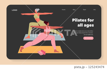 Pilates illustration showcasing two women practicing yoga on exercise mats. This art emphasizes inclusivity across ages in fitness, promoting health and well-being through movement. Vector Pilates illustration showcasing two women practicing yoga on exercise mats. This art emphasizes inclusivity across ages in fitness, promoting health and well-being through movement. Vector 125243474