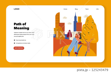 Webpage design with a modern cityscape and people enjoying a vibrant autumn setting, suitable for blogs or corporate sites. 125243479